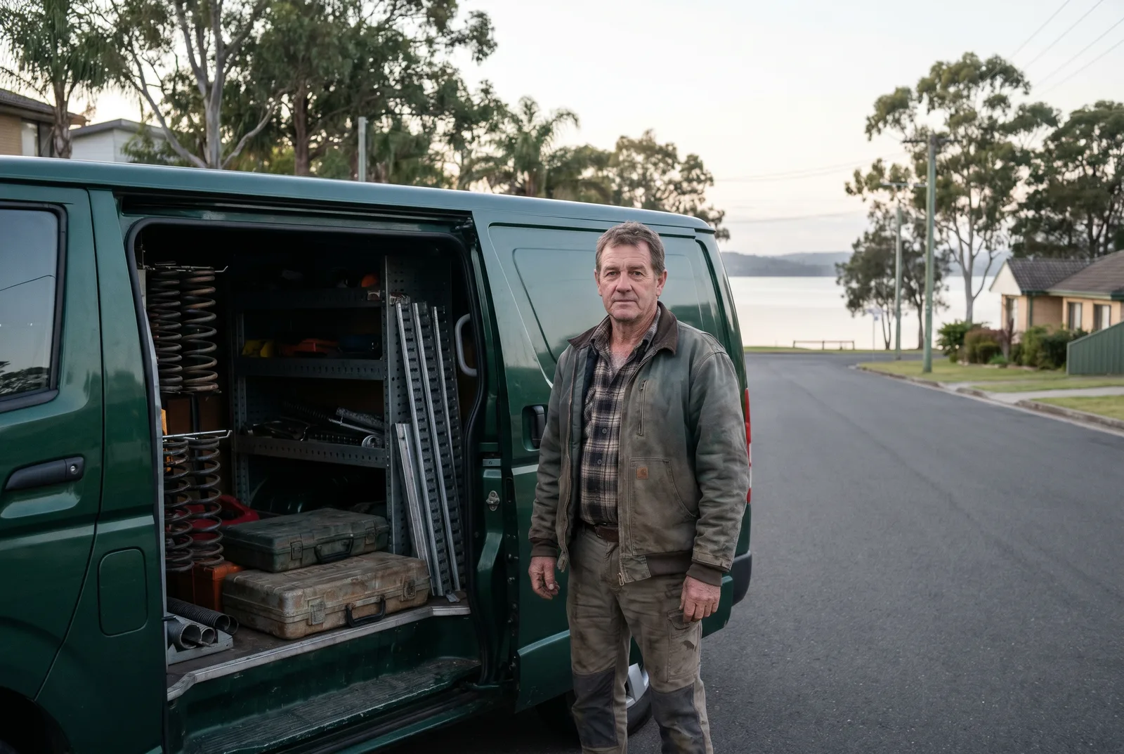 A garage door technician standing at the open rear doors of an unmarked van racked with springs, tracks and tool cases