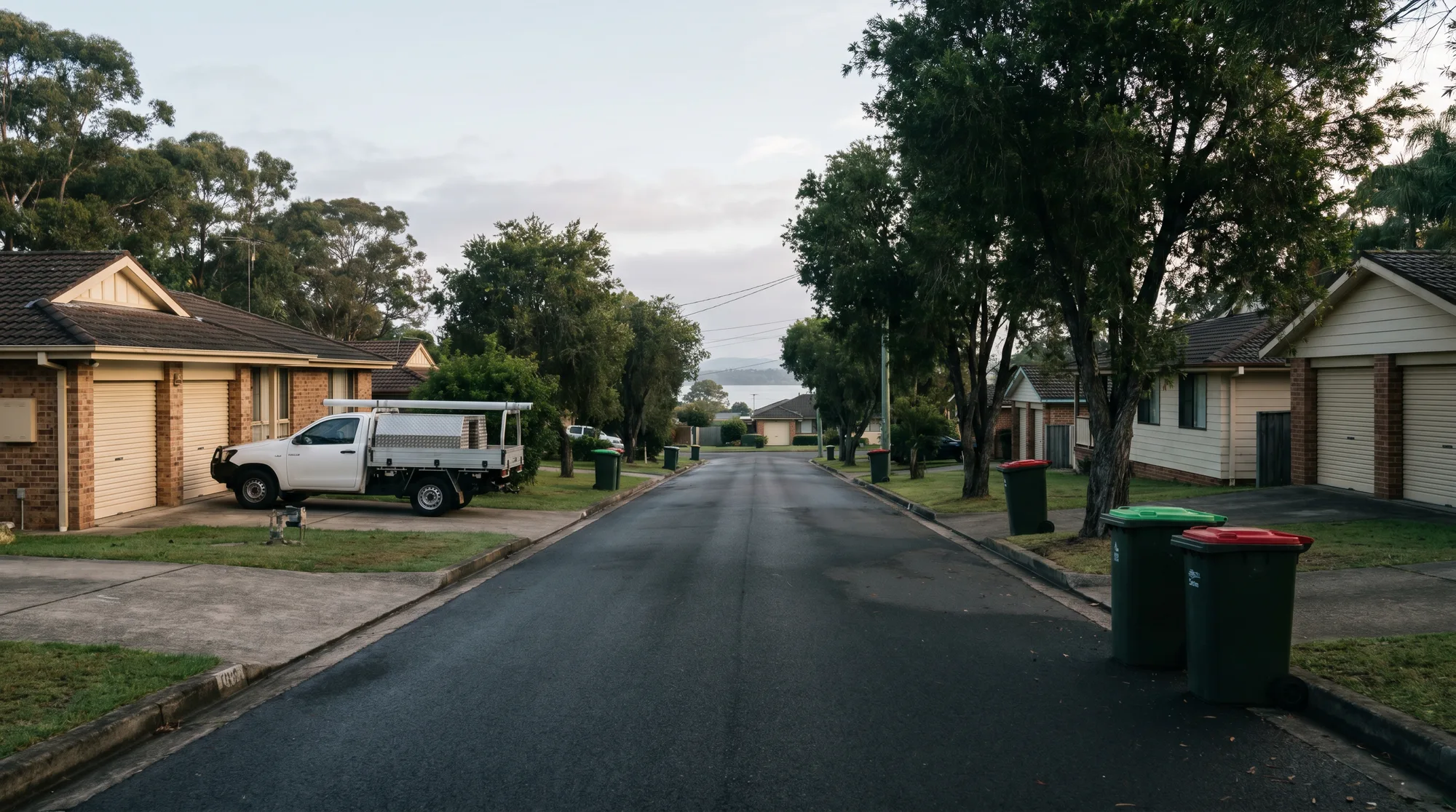 A flat residential street in Blackalls Park with brick-and-tile homes, garage doors facing the street and a ute in a driveway