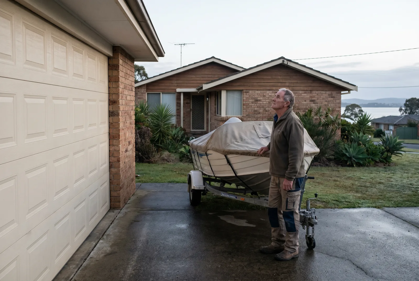 A boat on a trailer parked in front of a closed garage door at dawn
