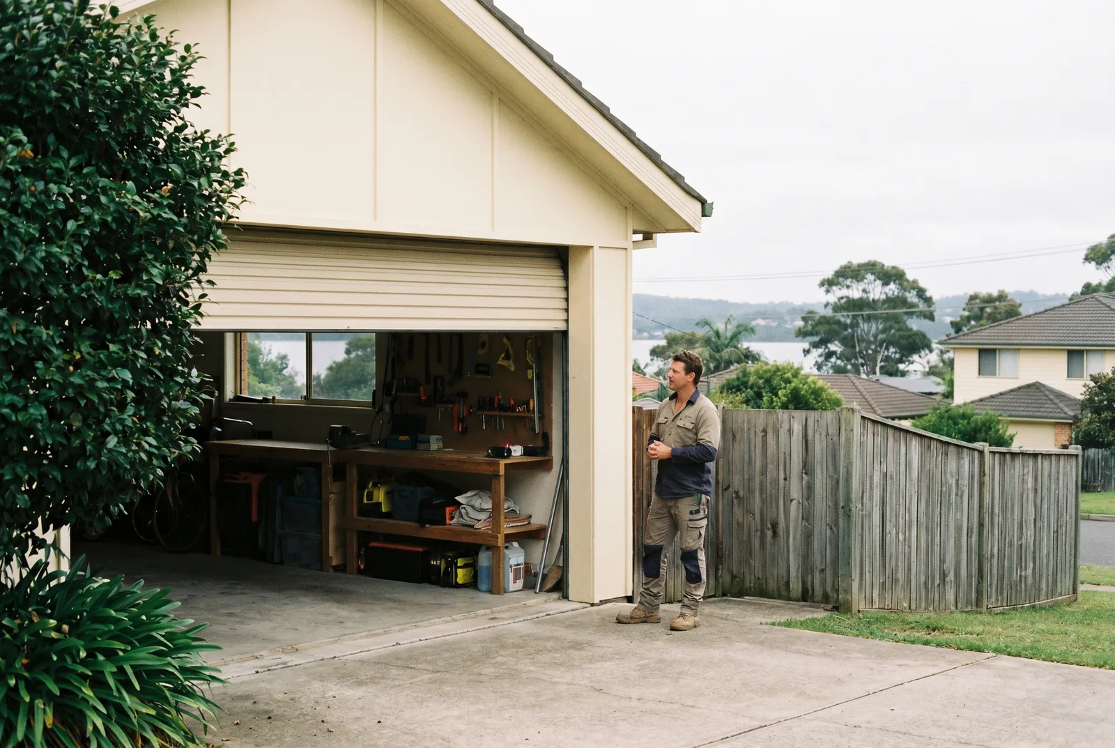 A roller garage door holding on its own part-way up, a tradesman standing beside it