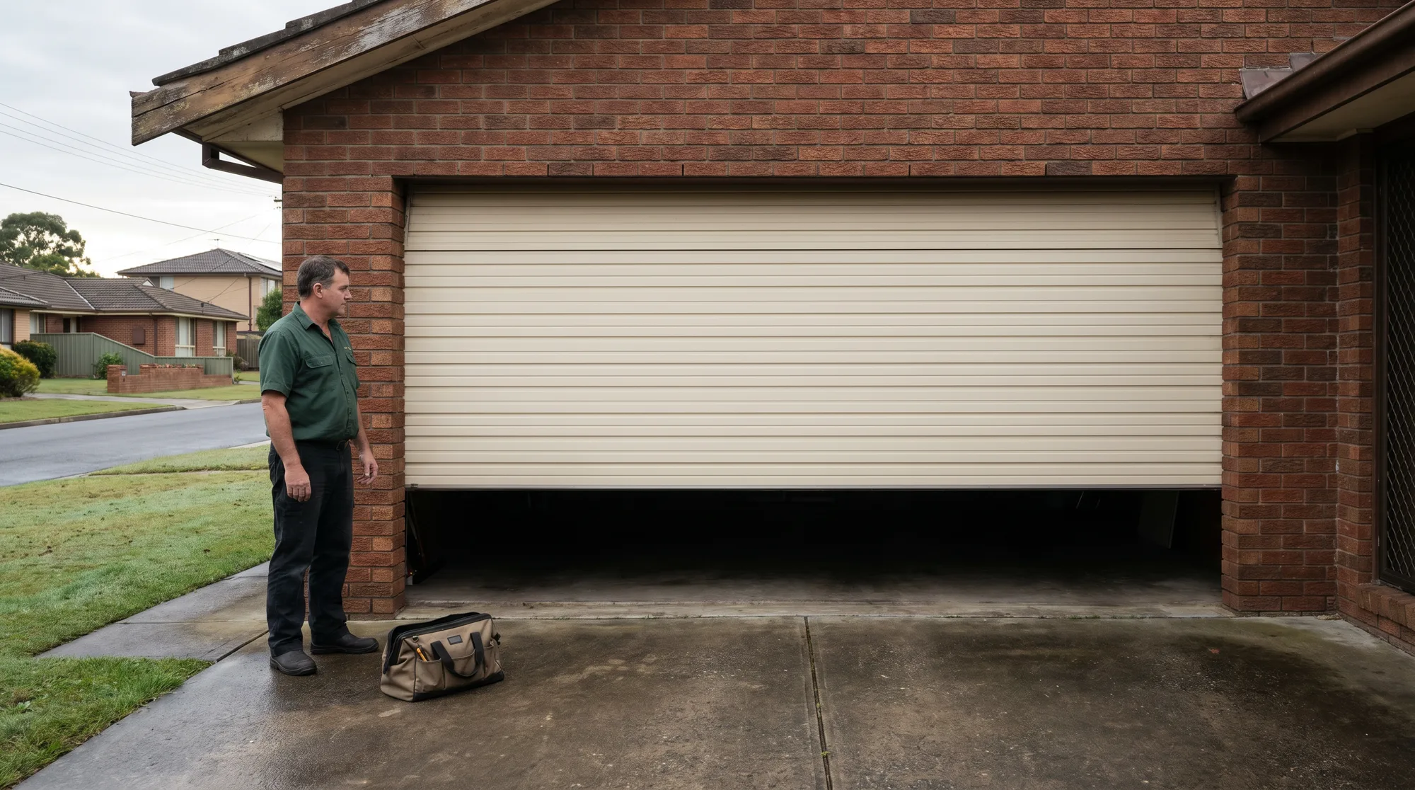 A garage door raised part-way with its bottom edge dead level, plainly holding its position, while a technician stands beside it watching, on a quiet Toronto driveway in early morning light