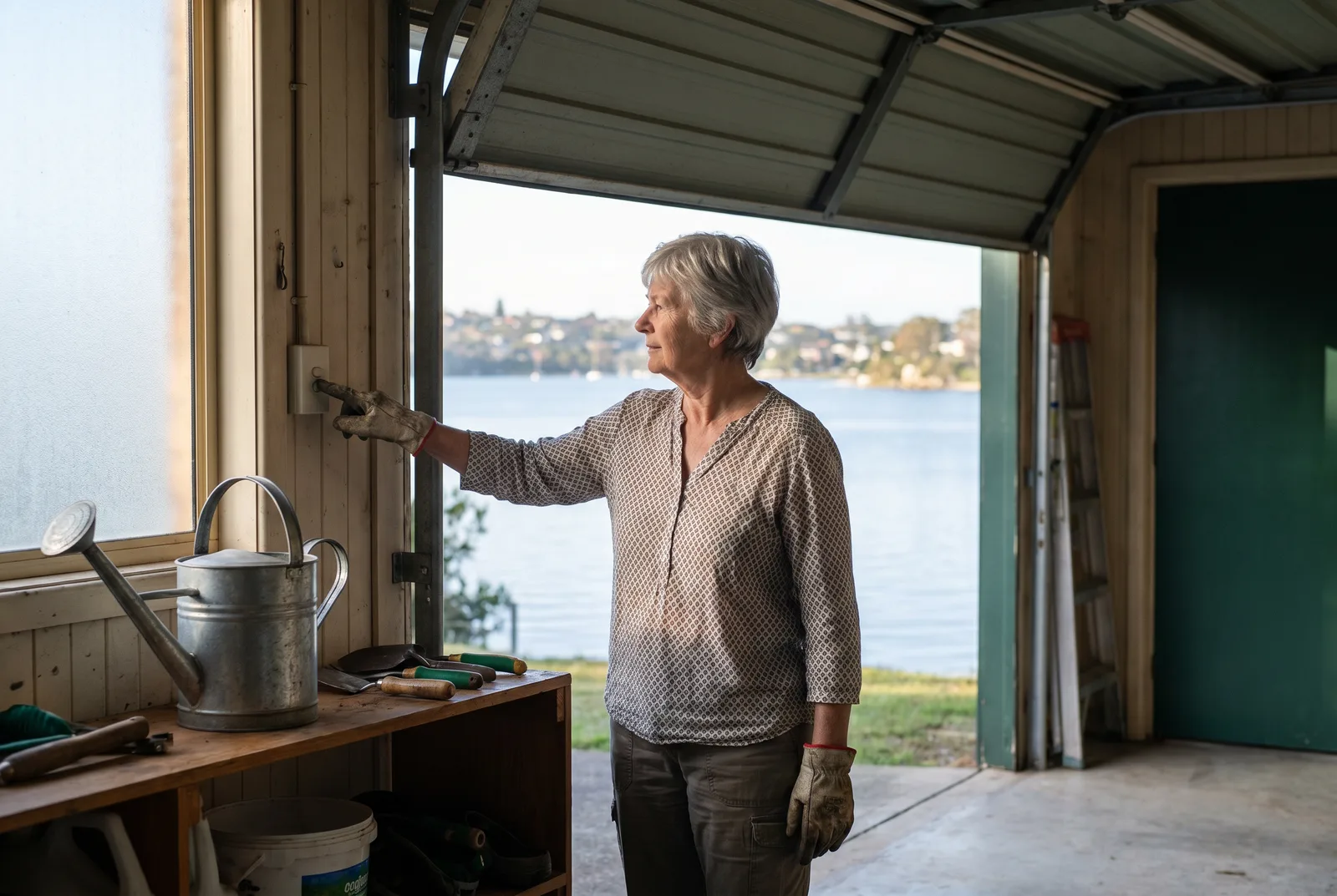 A Toronto resident opening her garage with one finger on the wall button, the door lifting smoothly