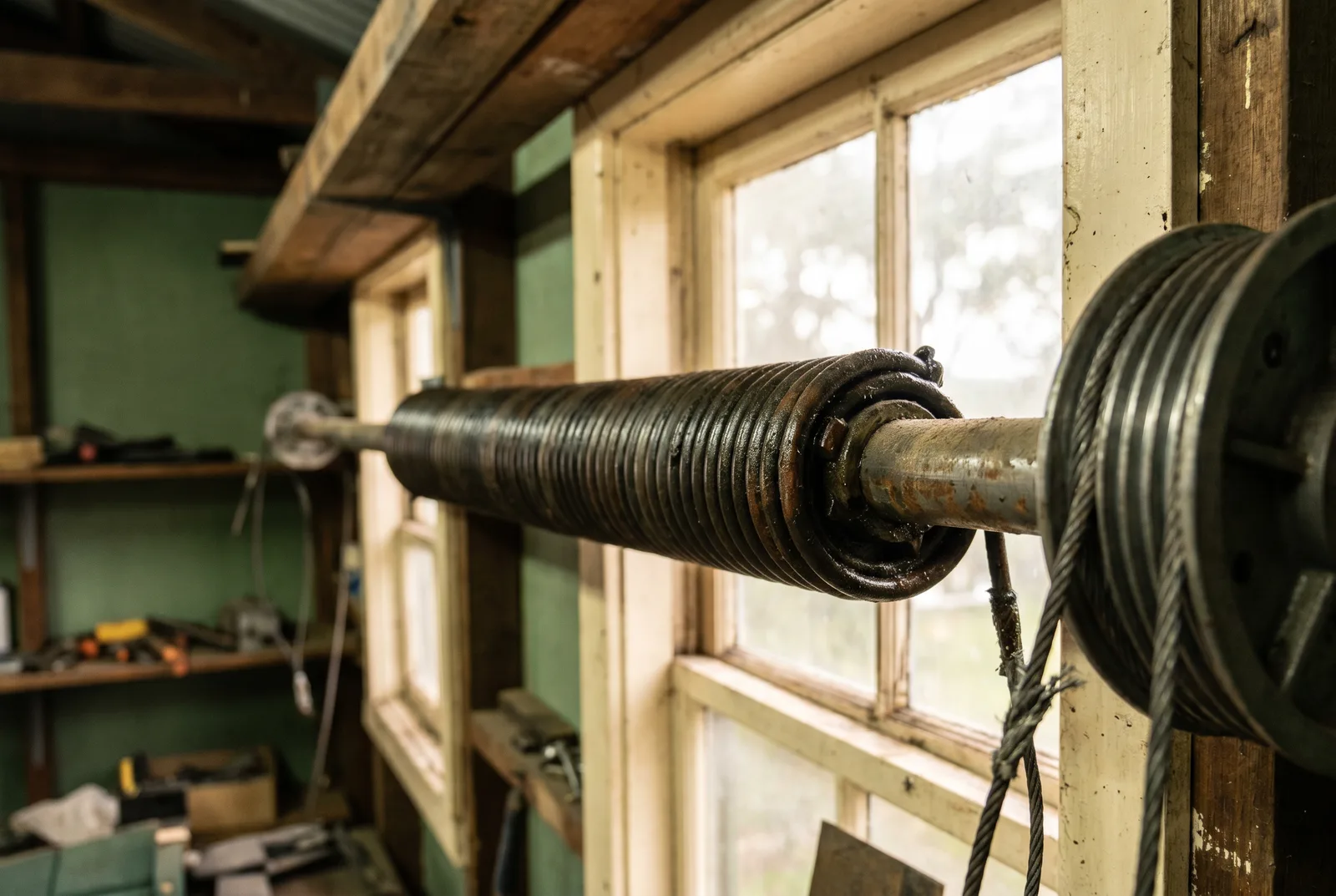 Close-up of a torsion spring and cable drum on the shaft above a garage door